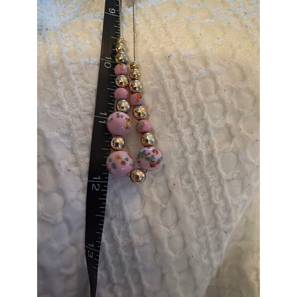 Vintage Pink Floral Art Glass Bead Necklace Silver Tone Magnetic Clasp 18" - Picture 10 of 11